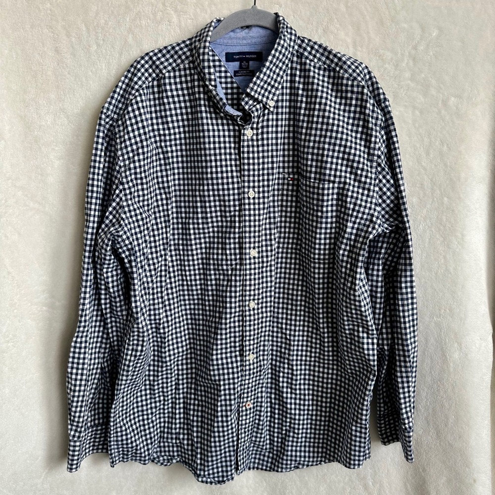 Tommy Hilfiger Mens XL Black White‎ Gingham Plaid Button Down Shirt